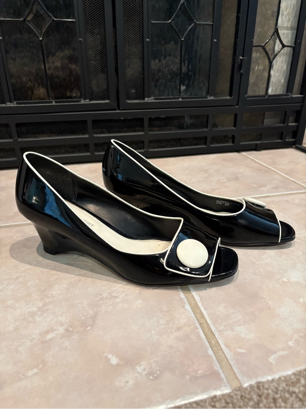 Black & White Patent Peep-Toe Pumps - Picture 2 of 6